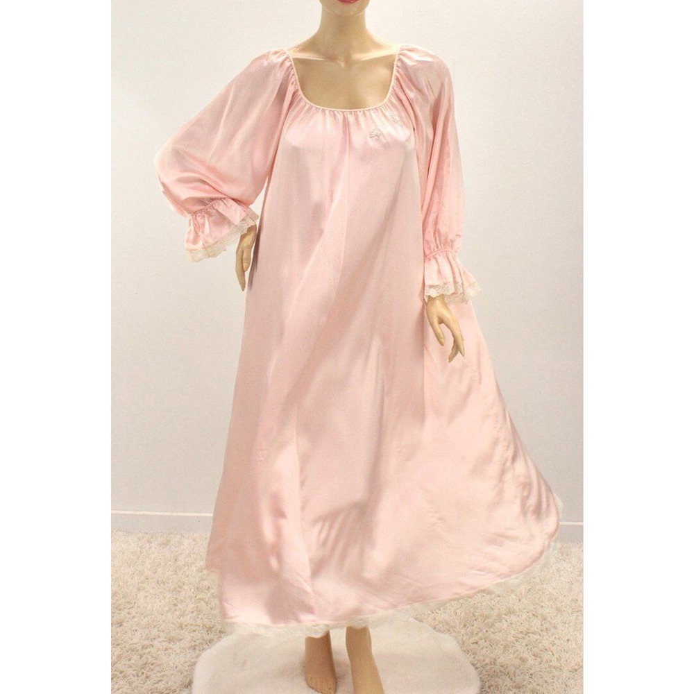 Vintage Lucie Ann Glossy Shiny Satin Nightgown Flowing Soft S M Peachy Pink USA